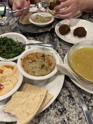 Lentil Soup, falafel, and the veggie platter.