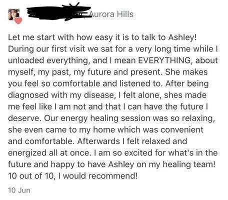 Energy Healing and Nutrition session Client testimonial