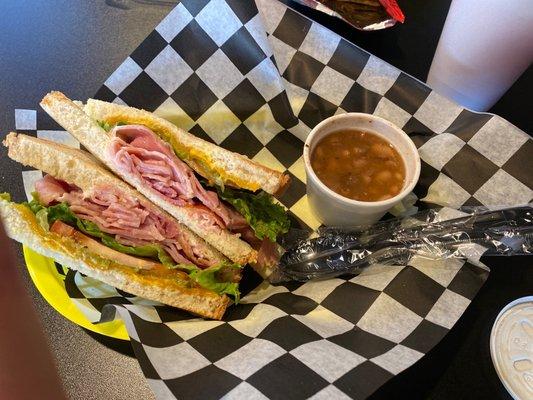 Honey ham sandwich with baked beans