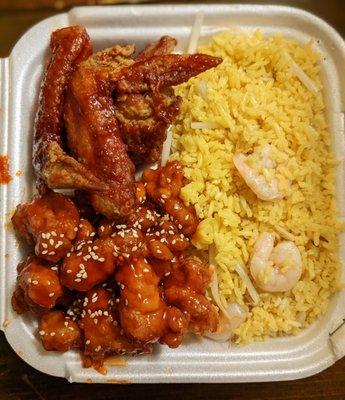 D20. Sesame Chicken, B-B-Q Wings, Shrimp Fried Rice