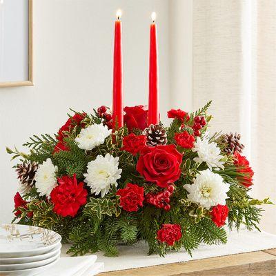 Christmas Centerpiece white and red carnations 2 candle