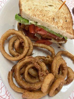 Half fried chicken BLT sandwich