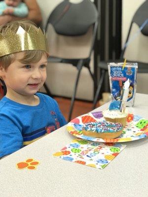 Gabriel chose the letter "B" from his birthday donuts: blue icing with red, white & blue sprinkles...a VERY happy birthday boy!