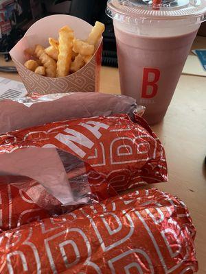 2 hotdog meal with medium fries and medium chocolate milkshake