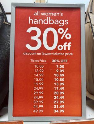 All women's handbags are 30% off.