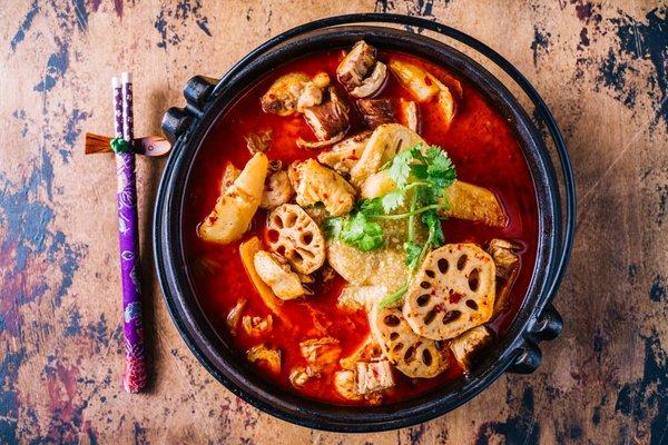 spicy pot with pork intestines and veggies