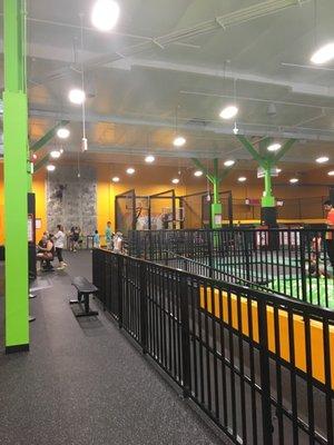 Rock wall climbing, dodgeball, area for small kids...lounge areas!