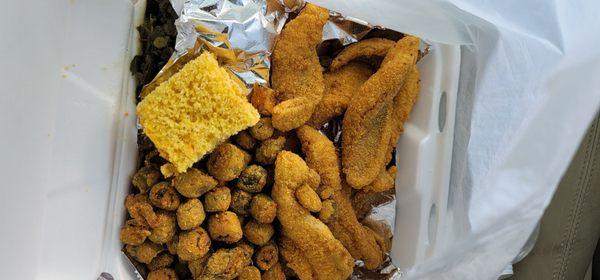 Catfish strips, fried okra, and collards