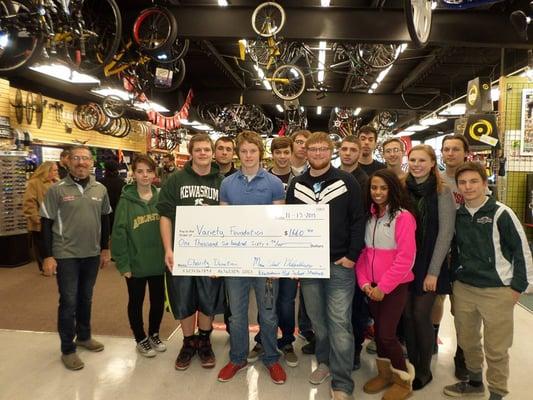 Kewauskum High School students raised money for Variety Childrens Charity of Wisc to buy adaptive bikes from Emerys for handicapped children