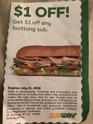 They won't take the $1 off coupon on $4.99 subs b/c it's a "promotional price"-been $4.99 for more than 7 months so sounds permanent to me