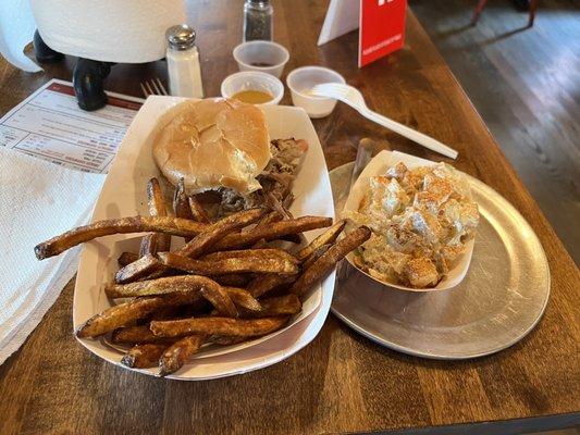 Lunch Pulled Pork Sandwich with fries; potato salad was an extra side