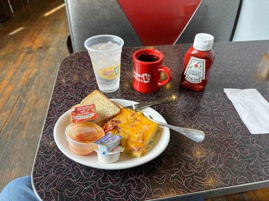 Coffee water egg casserole and hot sauce!