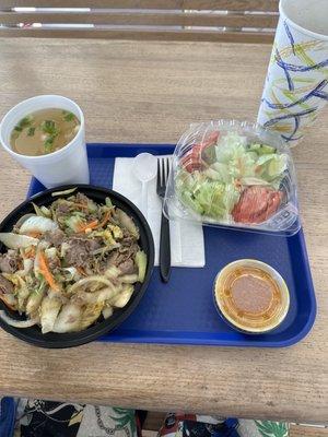 Hot and spicy beef combo, ginger dressing for salad, and miso soup