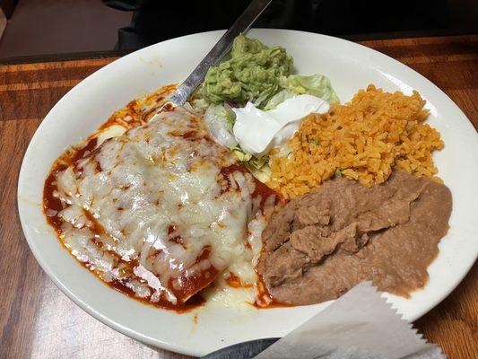 Rojo sauce enchiladas with rice and beans. Nice authentic spicy kick to the rojo sauce that you can't find anywhere in Lubbock