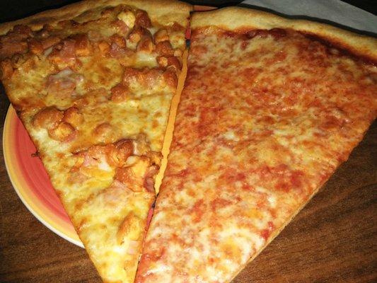 Buffalo Chicken slice on the left, regular slice on the right.