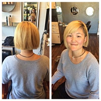 Gave this wonderful client a blonde rooty look with an edgy bob and bangs! Kristin Miller. 9716455556