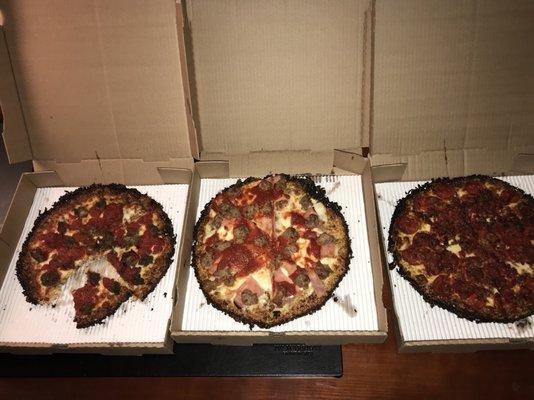 12in Meatball and cheese (left), sausage and ham (middle), pepperoni and bacon (right): all with cauliflower crust!