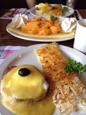 Eggs Benedict and peach crepes!