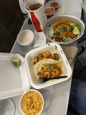 Street Tacos, Shrimp Tacos and yellow rice.