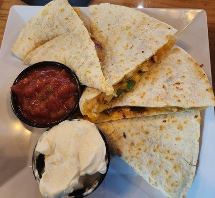 Happy Hour Cheese Quesadillas with added grilled chicken was half price