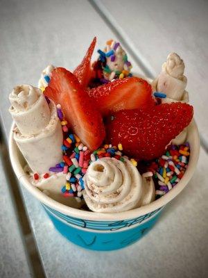 Rolled Premium Vanilla Rolled Ice Cream with cookie dough, strawberries, sprinkles & Nutella