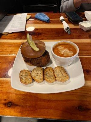 Butter milk crispy chicken sandwich and tomato basil soup.