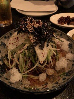 Cold buckwheat noodles yum looks very slicy but it's not because it's well balanced with sesame oil