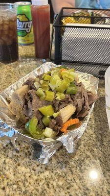 Italian Beef, Dipped, sweet and hot peppers, NO CHEESE!