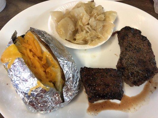 8oz Sirloin Steak, cabbage & baked potato.