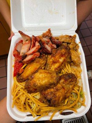 chow mein, spicy chicken wings, jalapeño chicken & some bbq pork