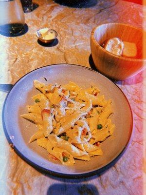 Garganelli Pasta and a side of their soft buttery rolls