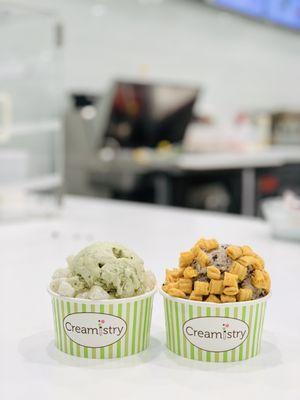 Matcha Ice Cream with Mochi and Cookies & Cream with Captain Crunch