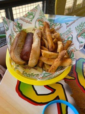 Grilled hot dog with fries