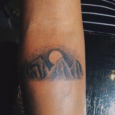 dot work mountain range tattoo by Terry Morgan of Classic Electric Tattoo in Frederick, MD