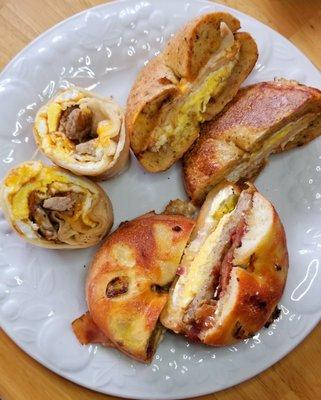 The Cesar (bottom), Cesar Wrap and Chicken, egg and cheese on a Sundried Tomato Bagel