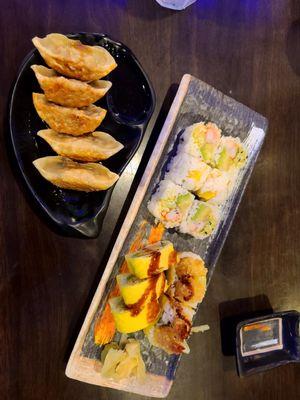 Gyoza, cali roll, shrimp tempura roll w soy paper