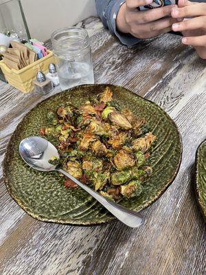 Crispy brussel sprouts with bacon and Harissa.