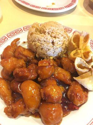 Orange Chicken, fried rice, crab rangoons