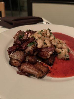 Duck and pork belly with blackberry sauce