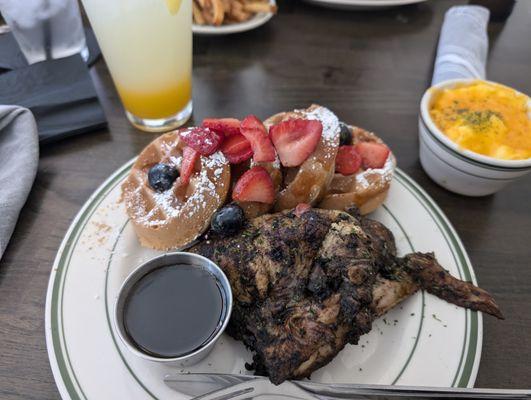 Jerk Chicken and Waffles with Cheesy Eggs added