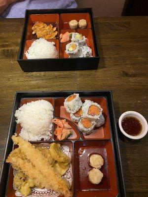 Lunch bento boxes with shrimp tempura and spicy tuna roll