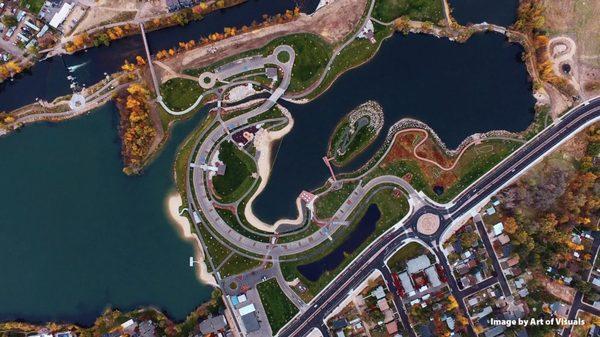 Aerial view of Idaho River Sports (bottom), Quinn's Pond, Esther Simplot Park and the Boise Whitewater Park.