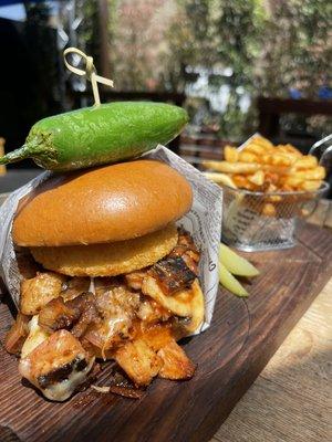 Pork belly burger and fries