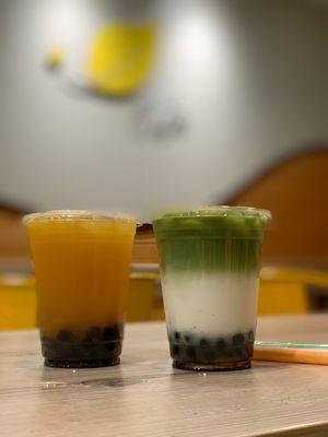 Mango Green Tea (Large) with boba and Matcha Latte (Large) with boba