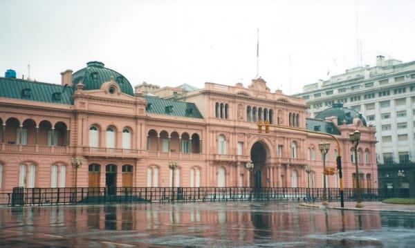 La Casa Rosada, the governmental palace, is on Plaza de Mayo but I'm not sure which is "Evita's balcony."