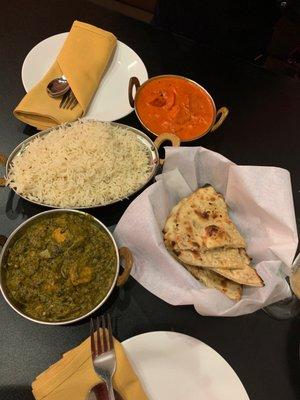 Spinach chicken gravy  Butter chicken Garlic nan bread