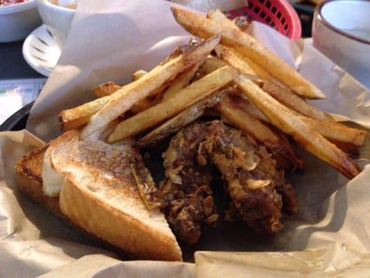 Steak fingers, fries, gravy and toast.  Half order.