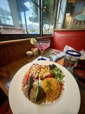 Shredded Beef Enchilas, Rice & Beans, Spicy Margarita