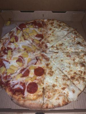 Half pepperoni, onion, and pineapple (yes it belongs on pizza) and half great white