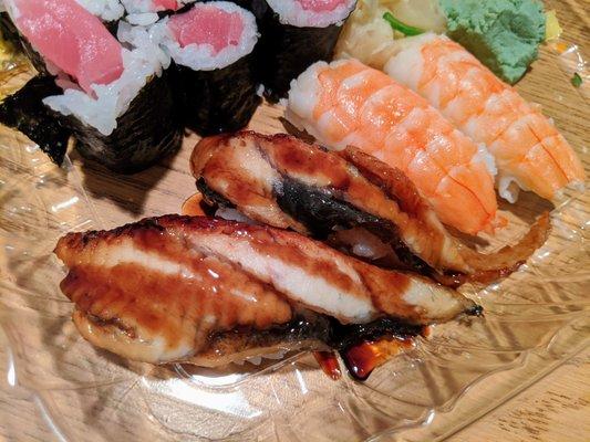 Eel. Unagi. 2 pieces of nigiri for $8. Shrimp. Ebi. 2 of nigiri pieces for $5.